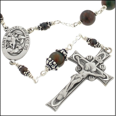 Handmade Military Sterling Silver Pocket Rosary with St. Michael and green opal beads by Zina Marie, Heavenly Divine Rosaries