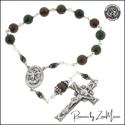 Handmade Military Sterling Silver Pocket Rosary with St. Michael centerpiece and green opal beads by Zina Marie, Heavenly Divine Rosaries
