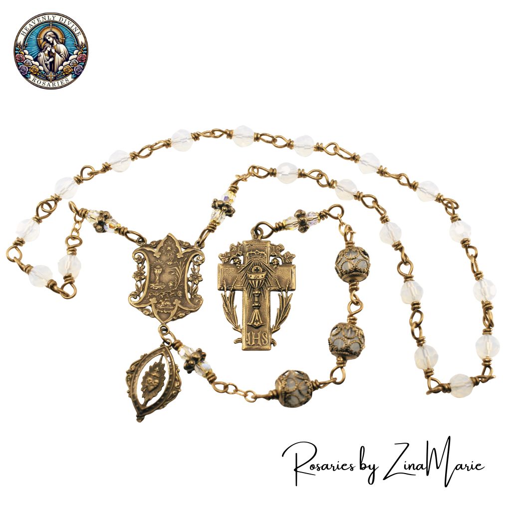 Handmade Holy Communion Chaplet by Zina Marie Rosaries with opal crystal and bronze Eucharist Cross and Centerpiece and Scared Heart Dangle.