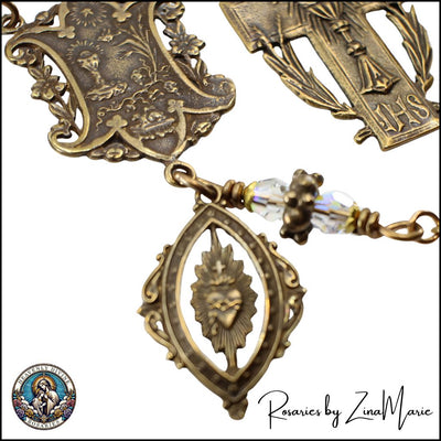 Handmade Holy Communion Chaplet with bronze Eucharist Cross and Centerpiece and Scared Heart Dangle, Heavenly Divine Rosaries