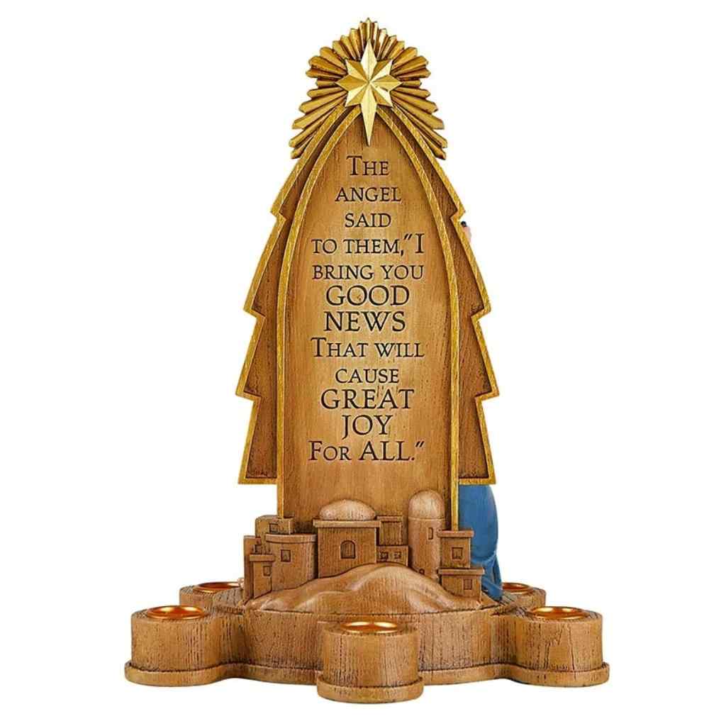Back of the Nativity Advent candle holder in resin. Good News That Will Cause Great Joy, gift-boxed. (view 2)