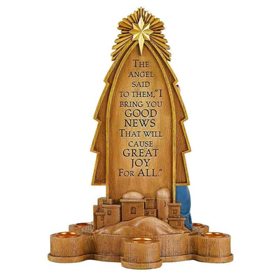 Back of the Nativity Advent candle holder in resin. Good News That Will Cause Great Joy, gift-boxed. (view 2)