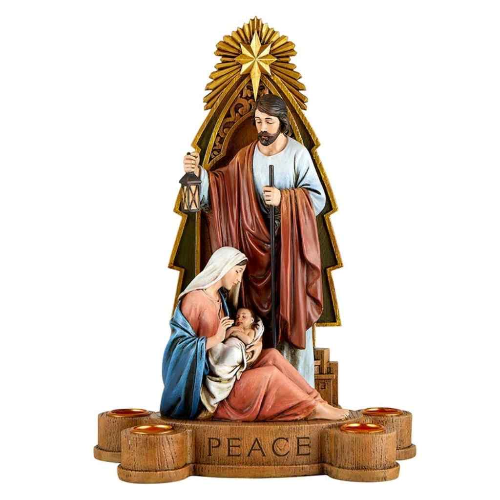 Front of the Nativity Advent candle holder in resin. Good News That Will Cause Great Joy, gift-boxed. (view 1)