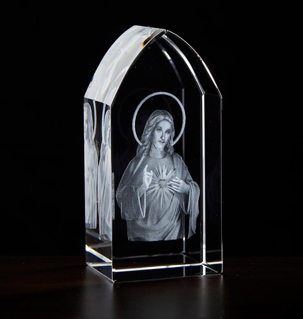 Jeweled Cross Sacred Heart of Jesus Arched Etched Glass,