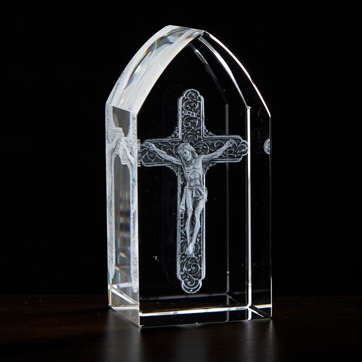 Jeweled Cross Jesus' Crucifixion Etched Glass Stand,