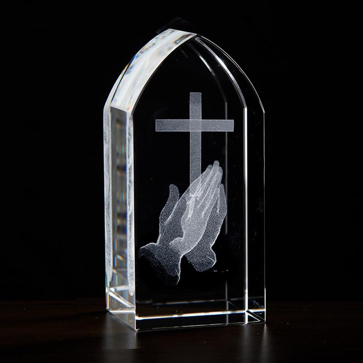 Jeweled Cross Praying Hands with Cross Arched Etched Glass,