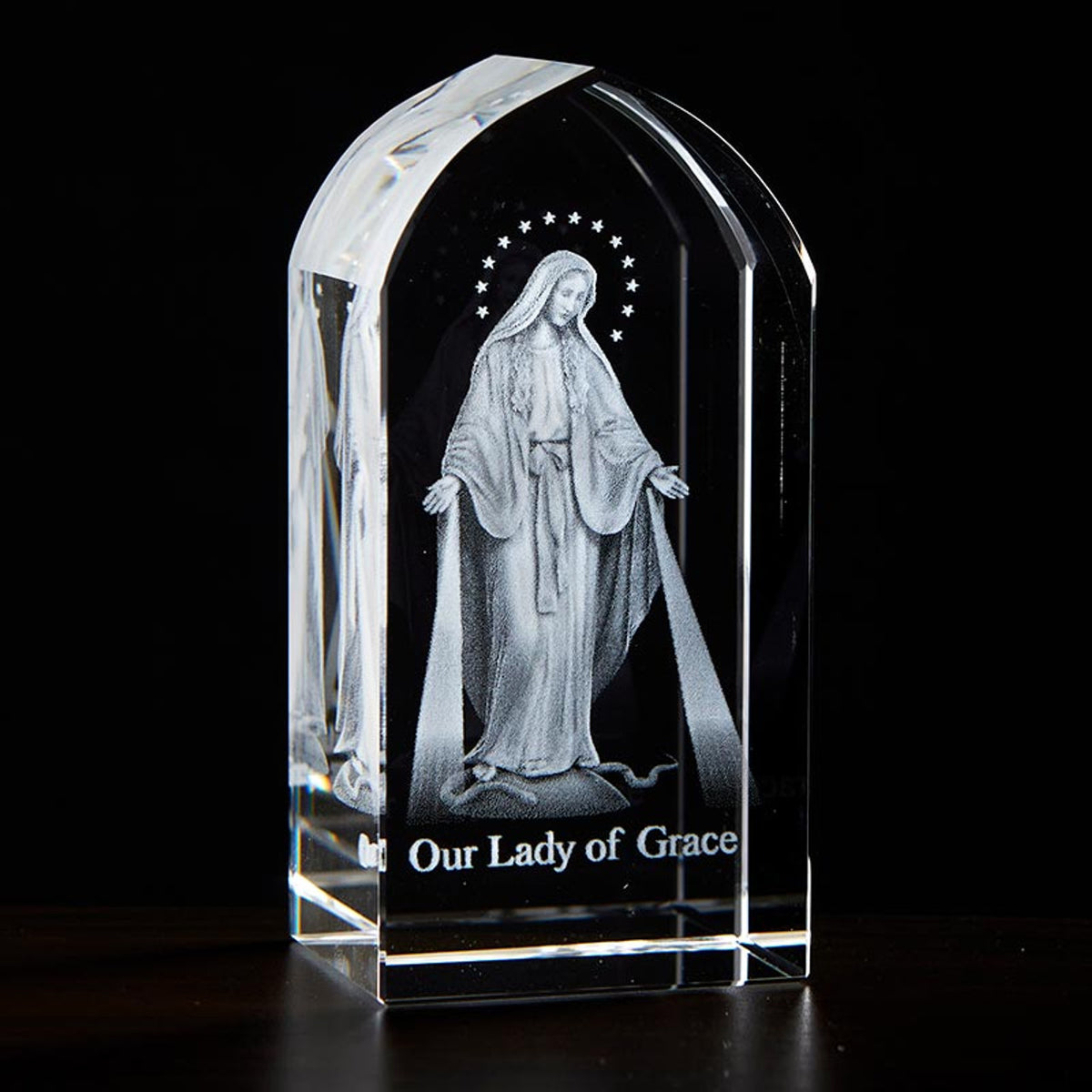 Jeweled Cross Our Lady of Grace Arched Etched Glass,