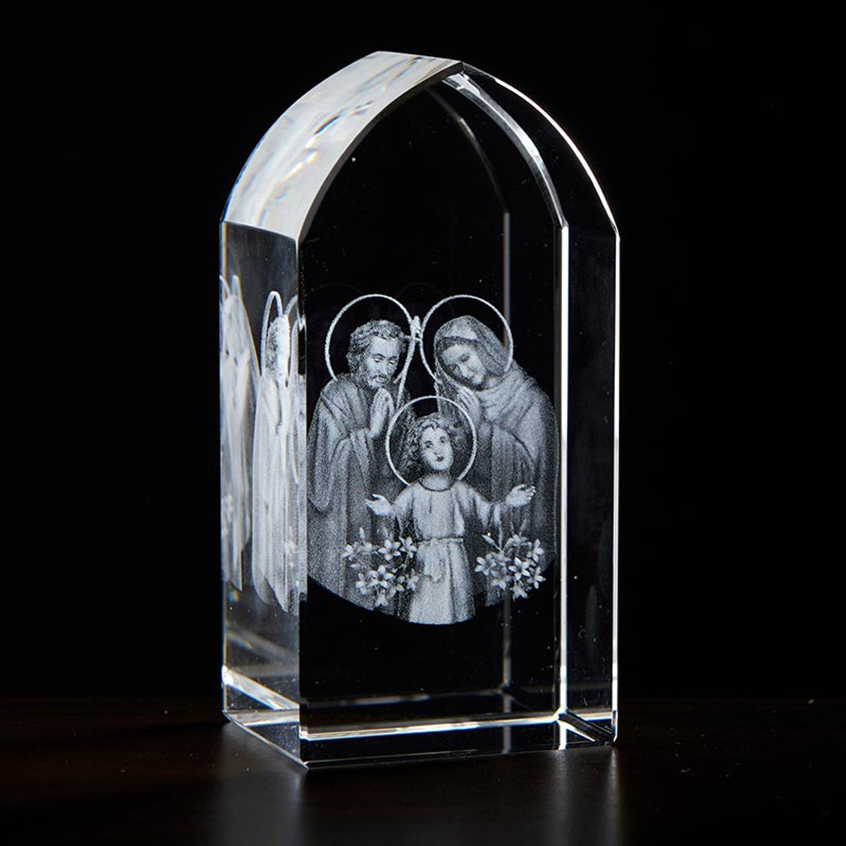 Holy Family Joseph, Mary and Child Jesus with Flowers Etched Glass Stand,