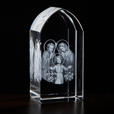 Holy Family Joseph, Mary and Child Jesus with Flowers Etched Glass Stand, Jeweled Cross
