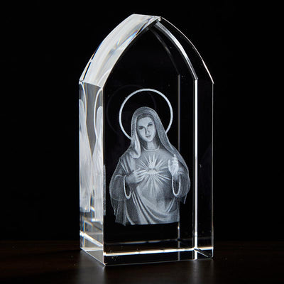 Immaculate Heart of Mary Etched Glass Stand, Jeweled Cross