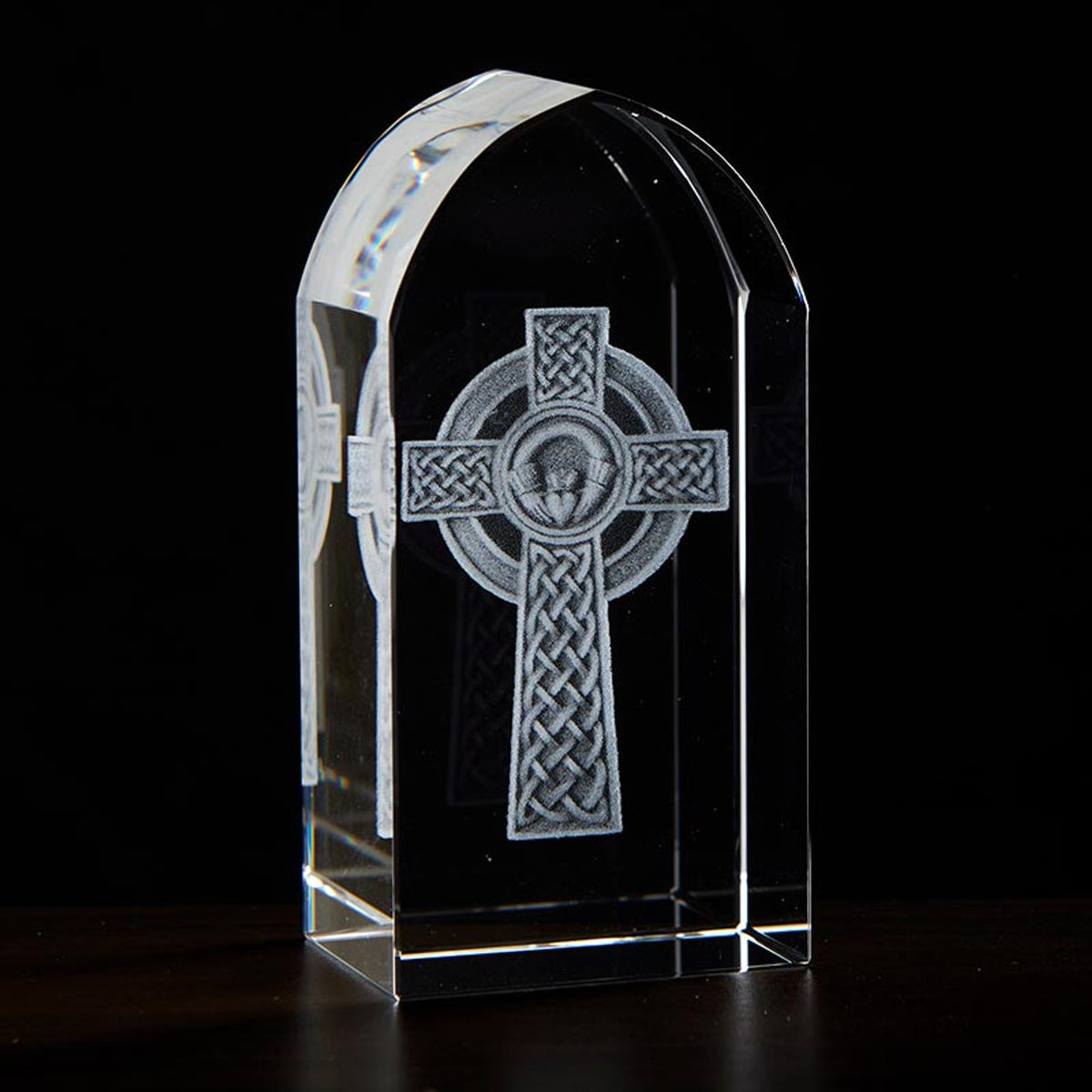 Jeweled Cross Irish Celtic Cross with Claddagh Center Arched Etched Glass