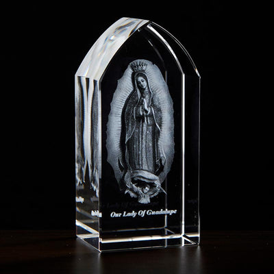 Our Lady of Guadalupe Arched Etched Glass, Jeweled Cross