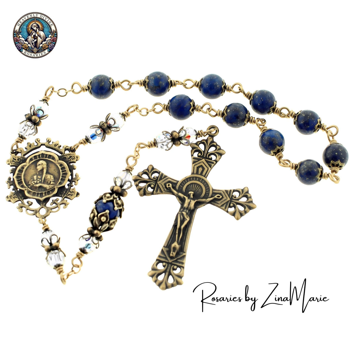St. Kateri Tekawitha Lapis & Crystal Pocket Rosary, handcrafted in the USA by Zina Marie at Heavenly Divine Rosaries