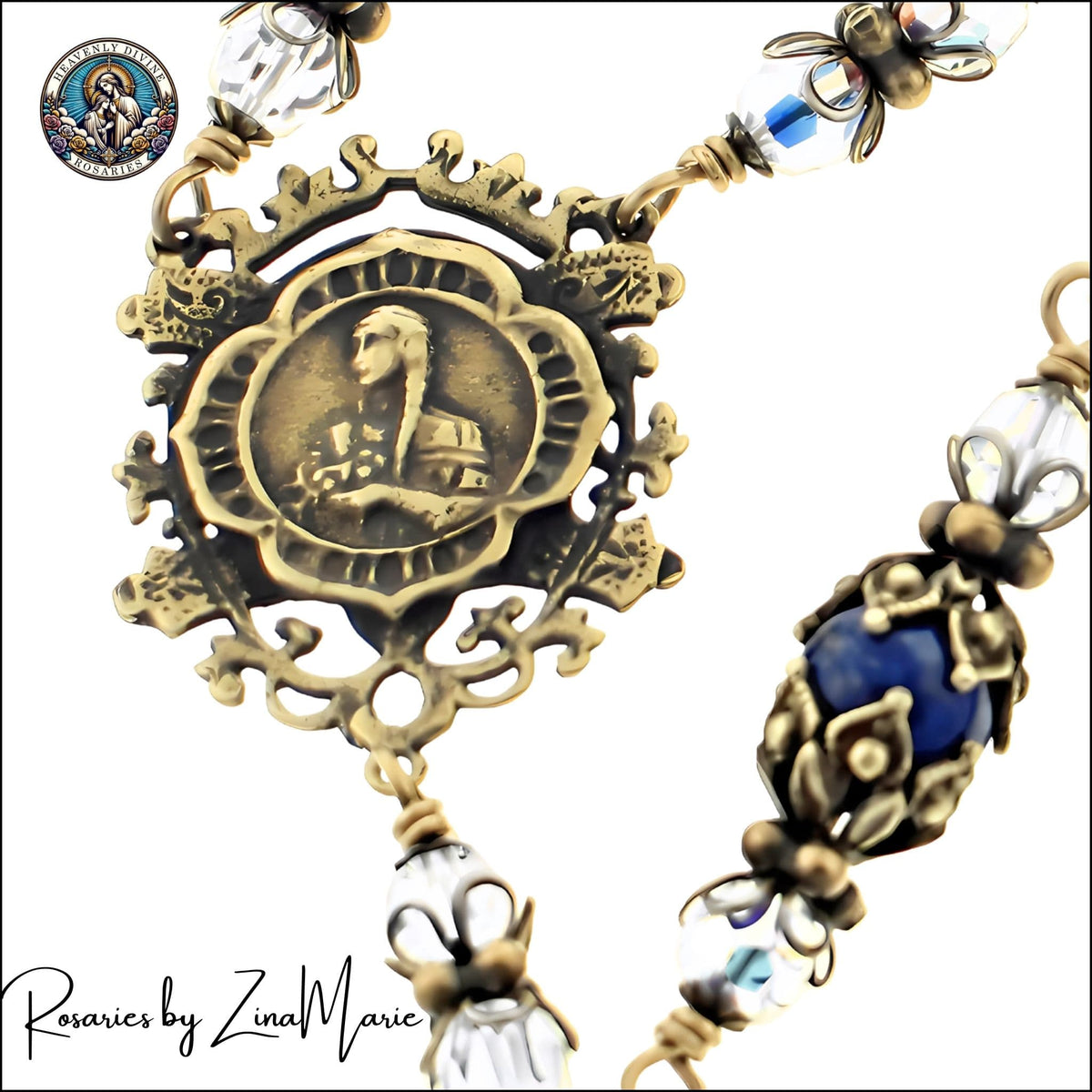 St. Kateri Tekawitha Lapis & Crystal Pocket Rosary with St. Kateri Bronze Centerpiece, handcrafted in the USA by Zina Marie