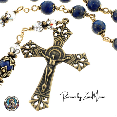 St. Kateri Tekawitha Lapis & Crystal Pocket Rosary with Bronze Crucifix, handcrafted in the USA by Zina Marie, Heavenly Divine Rosaries