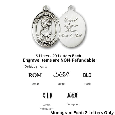 Engraving reference for key chains showing front and back views with a sample personalized message. Engraving supports 5 lines with up to 20 letters per line. Five font styles to choose from: Roman, Script, Block, Circle Monogram, and Monogram (Monogram 3 letters only).