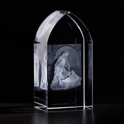 Holy Family Nativity Arched Etched Glass, Jeweled Cross