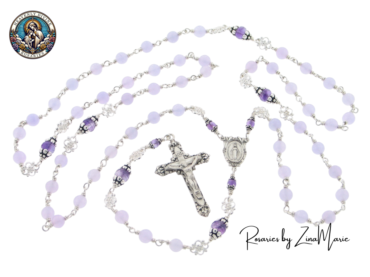 Lavender Jade and Amethyst Sterling Silver Wire-Wrapped Rosary by Zina Marie