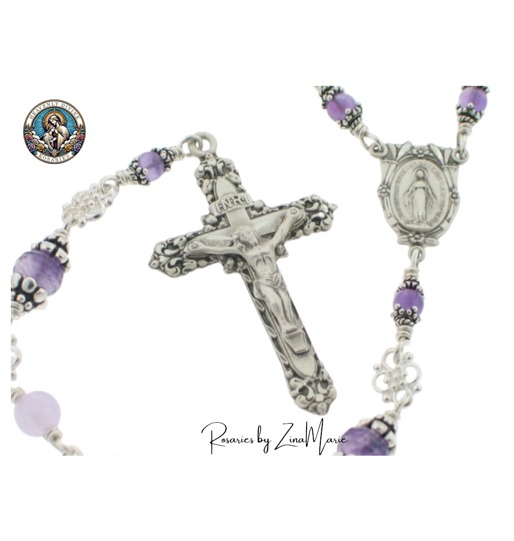 Lavender Jade and Amethyst Sterling Silver Wire-Wrapped Rosary by Zina Marie