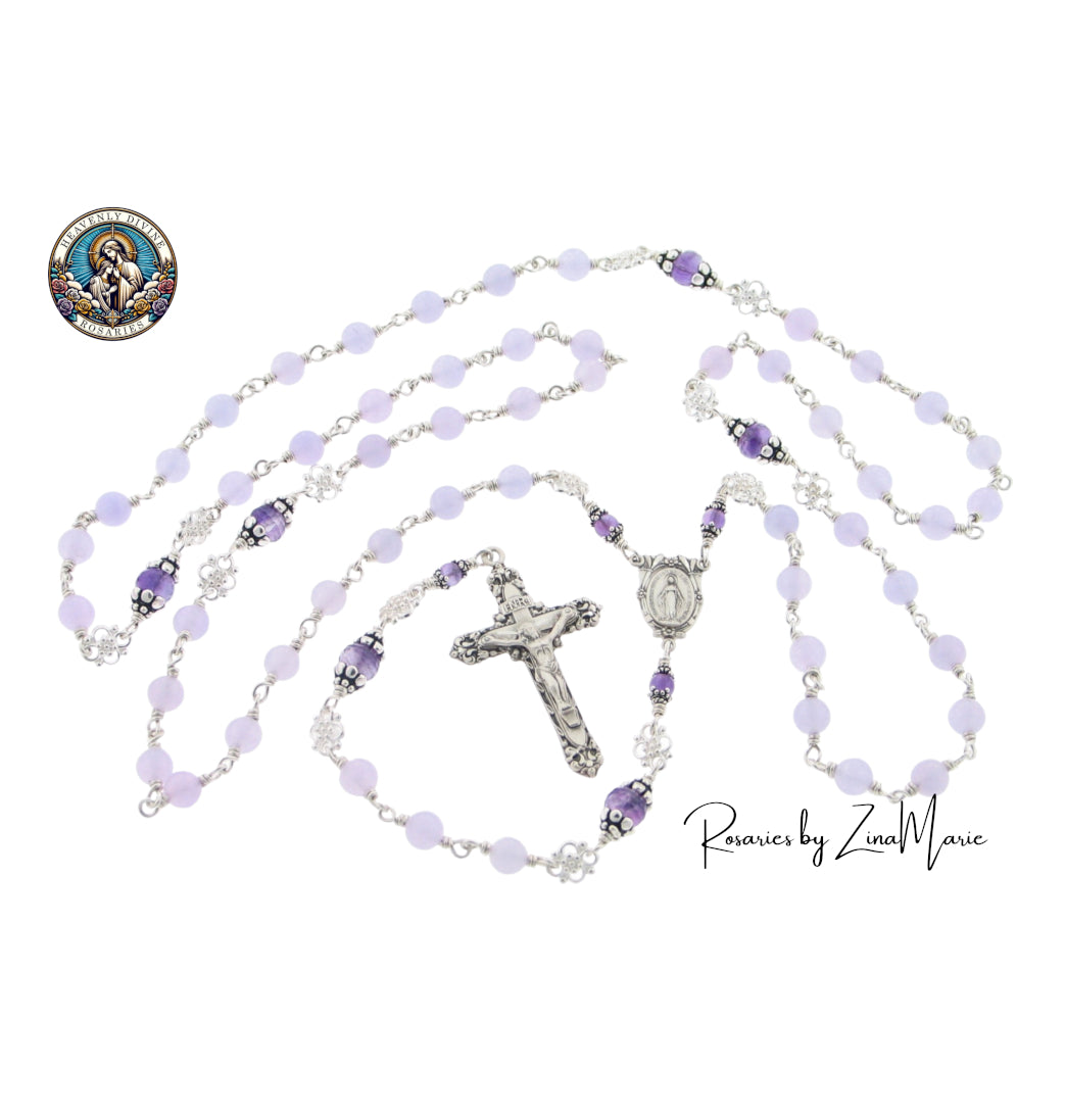 Lavender Jade and Amethyst Sterling Silver Wire-Wrapped Rosary by Zina Marie