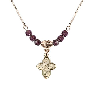 Gold-plated Chalice 4-Way Cross Amethyst Beaded Necklace, Measures 1/2-inch tall by 3/8-inch wide, Bliss Manufacturing