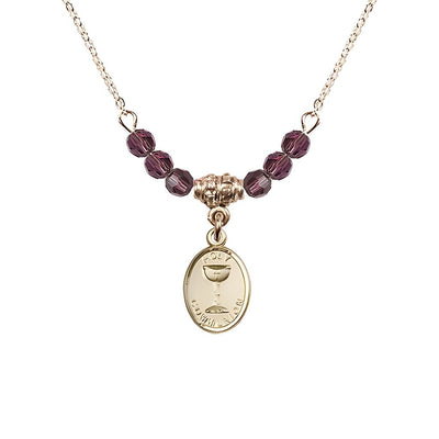 Gold-plated Holy Communion Chalice Amethyst Beaded Necklace, Measures 1/2-inch tall by 3/8-inch wide, Bliss Manufacturing