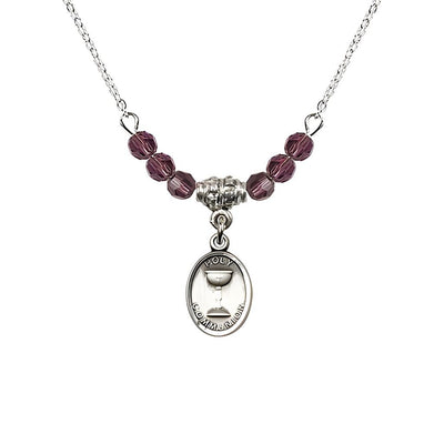 Pewter Holy Communion Chalice Amethyst Beaded Necklace, Measures 1/2-inch tall by 3/8-inch wide, Bliss Manufacturing