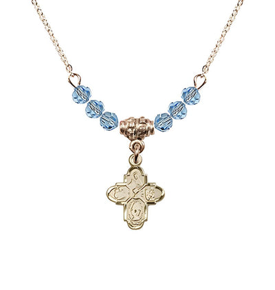 Gold-plated Chalice 4-Way Cross Aqua Beaded Necklace, Measures 1/2-inch tall by 3/8-inch wide, Bliss Manufacturing