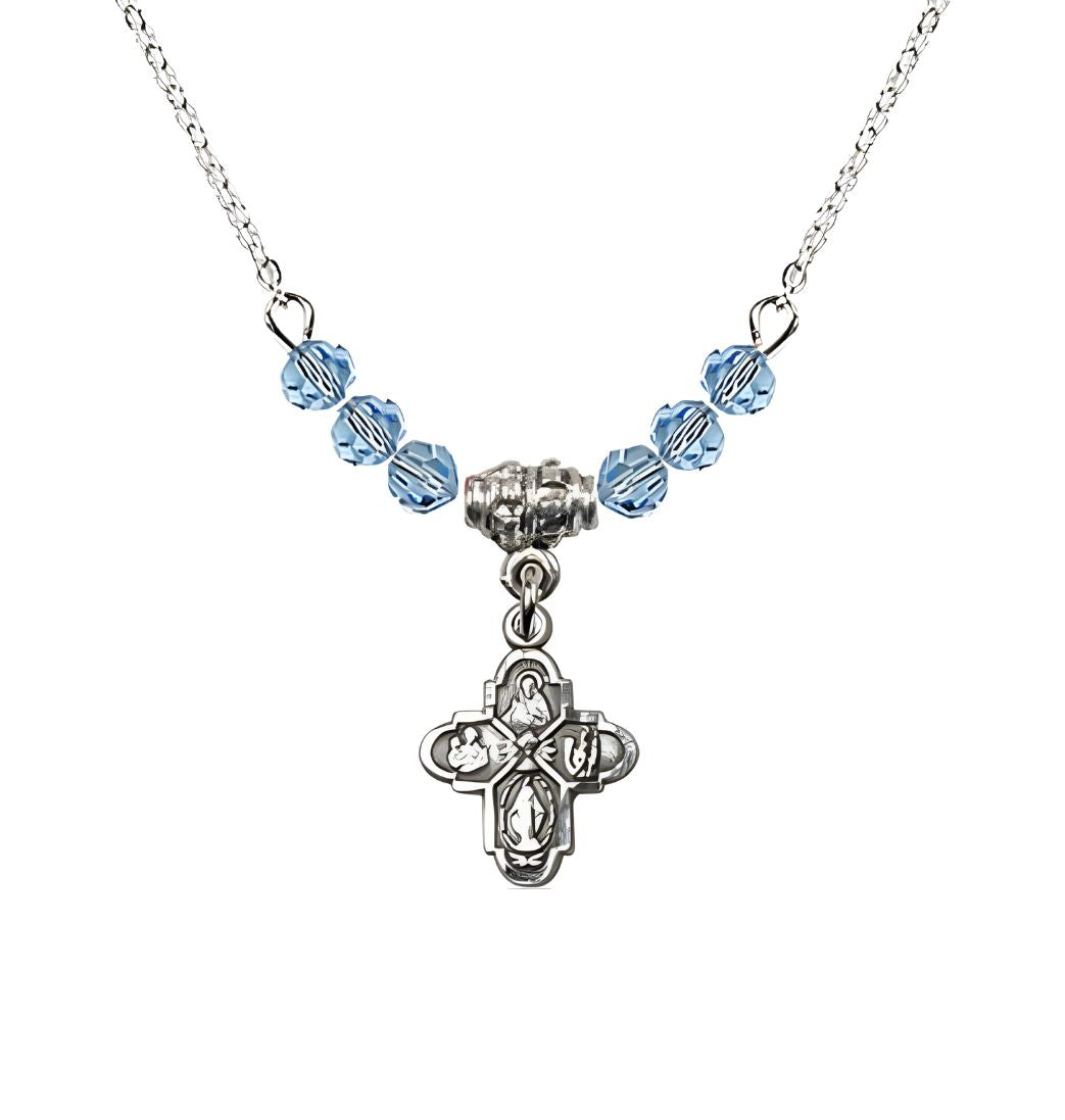 Bliss Pewter Chalice 4-Way Cross Aqua Beaded Necklace, Measures 1/2-inch tall by 3/8-inch wide