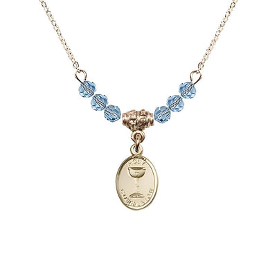 Gold-plated Holy Communion Chalice Amethyst Beaded Necklace, Measures 1/2-inch tall by 3/8-inch wide in Aqua, Bliss Manufacturing