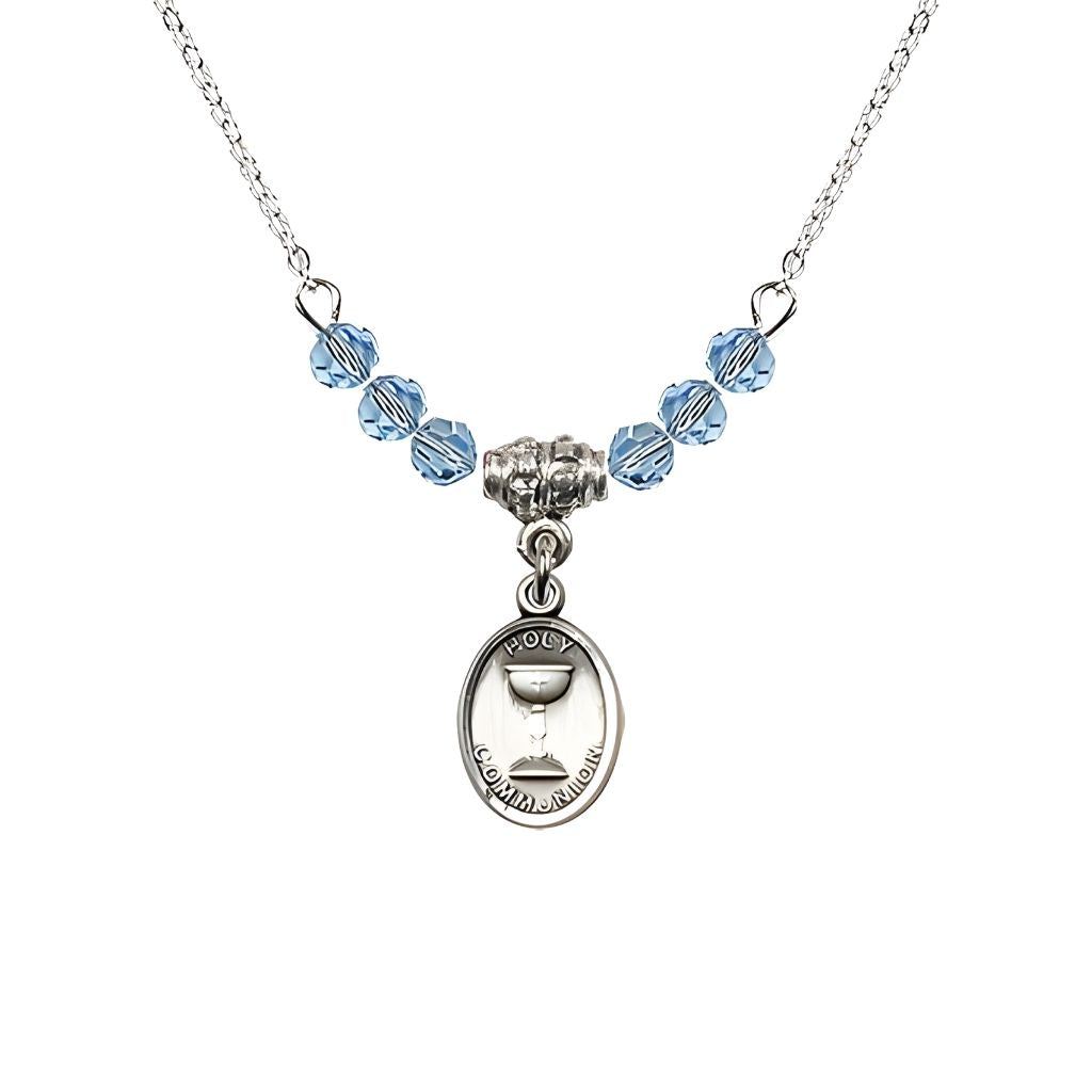 Bliss Pewter Holy Communion Chalice Aqua Beaded Necklace, Measures 1/2-inch tall by 3/8-inch wide