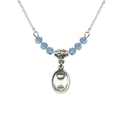 Pewter Holy Communion Chalice Aqua Beaded Necklace, Measures 1/2-inch tall by 3/8-inch wide, Bliss Manufacturing