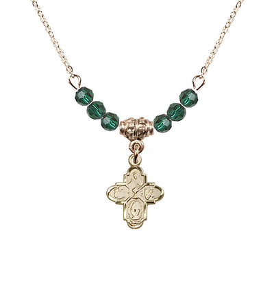Gold-plated Chalice 4-Way Cross Emerald Beaded Necklace, Measures 1/2-inch tall by 3/8-inch wide, Bliss Manufacturing