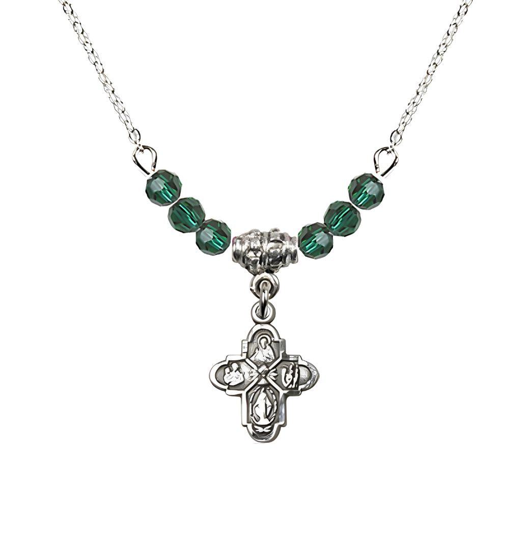 Bliss Pewter Chalice 4-Way Cross Emerald Beaded Necklace, Measures 1/2-inch tall by 3/8-inch wide