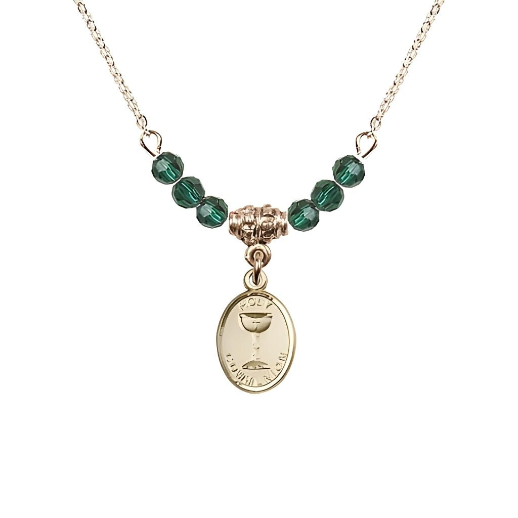 Bliss Gold-plated Holy Communion Chalice Emerald Beaded Necklace, Measures 1/2-inch tall by 3/8-inch wide