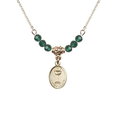 Gold-plated Holy Communion Chalice Emerald Beaded Necklace, Measures 1/2-inch tall by 3/8-inch wide, Bliss Manufacturing
