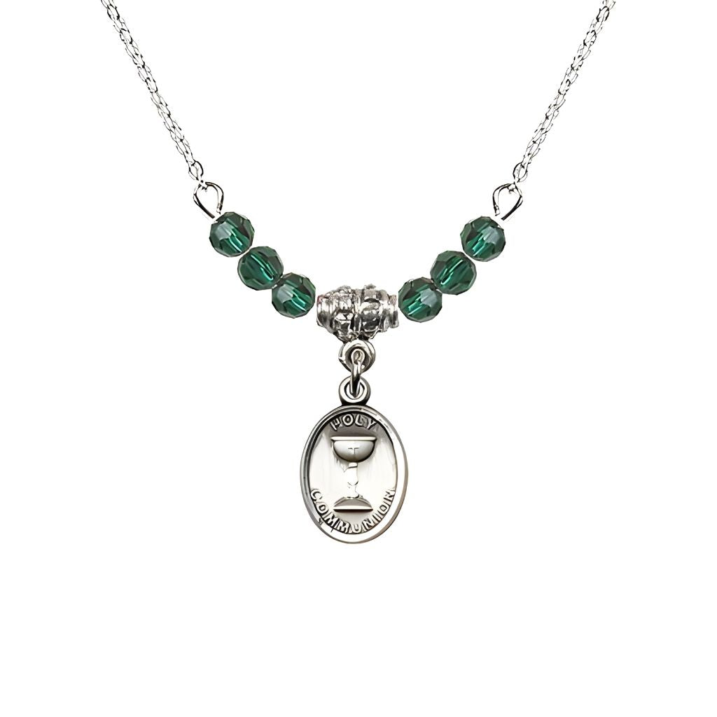 Bliss Pewter Holy Communion Chalice Emerald Beaded Necklace, Measures 1/2-inch tall by 3/8-inch wide