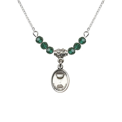 Pewter Holy Communion Chalice Emerald Beaded Necklace, Measures 1/2-inch tall by 3/8-inch wide, Bliss Manufacturing