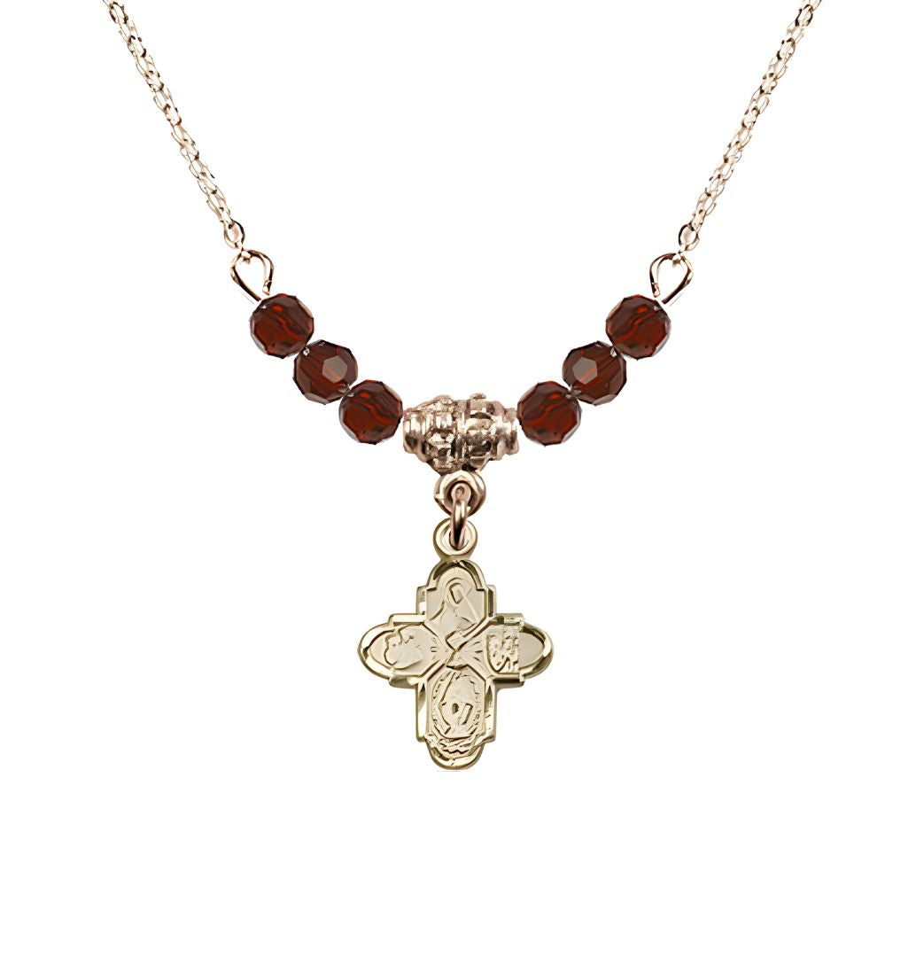 Bliss Gold-plated Chalice 4-Way Cross Garnet Beaded Necklace, Measures 1/2-inch tall by 3/8-inch wide