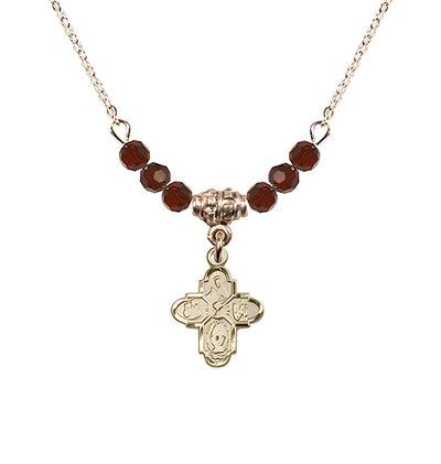 Gold-plated Chalice 4-Way Cross Garnet Beaded Necklace, Measures 1/2-inch tall by 3/8-inch wide, Bliss Manufacturing