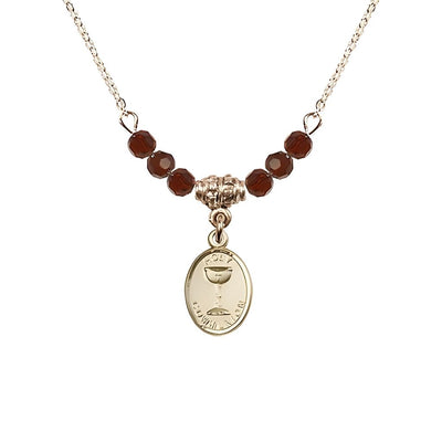 Gold-plated Holy Communion Chalice Garnet Beaded Necklace, Measures 1/2-inch tall by 3/8-inch wide, Bliss Manufacturing