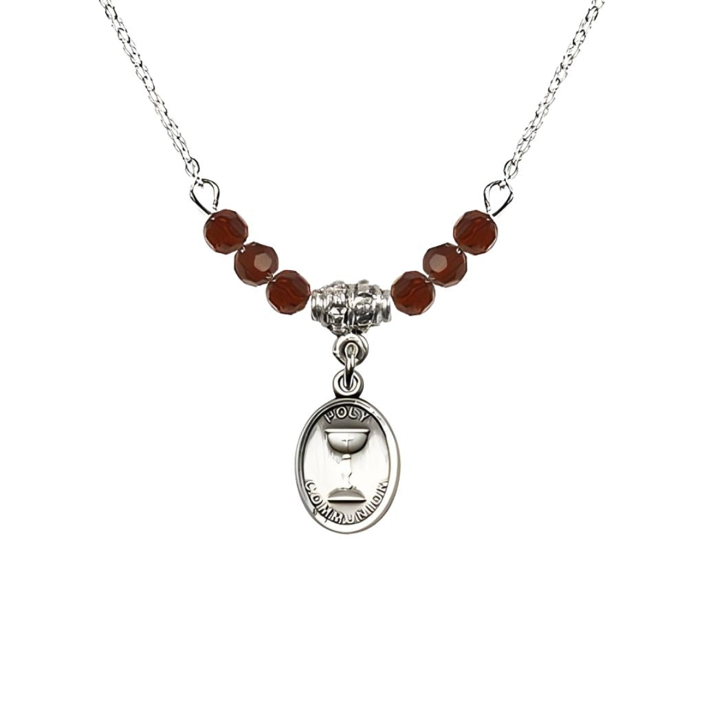 Bliss Pewter Holy Communion Chalice Garnet Beaded Necklace, Measures 1/2-inch tall by 3/8-inch wide