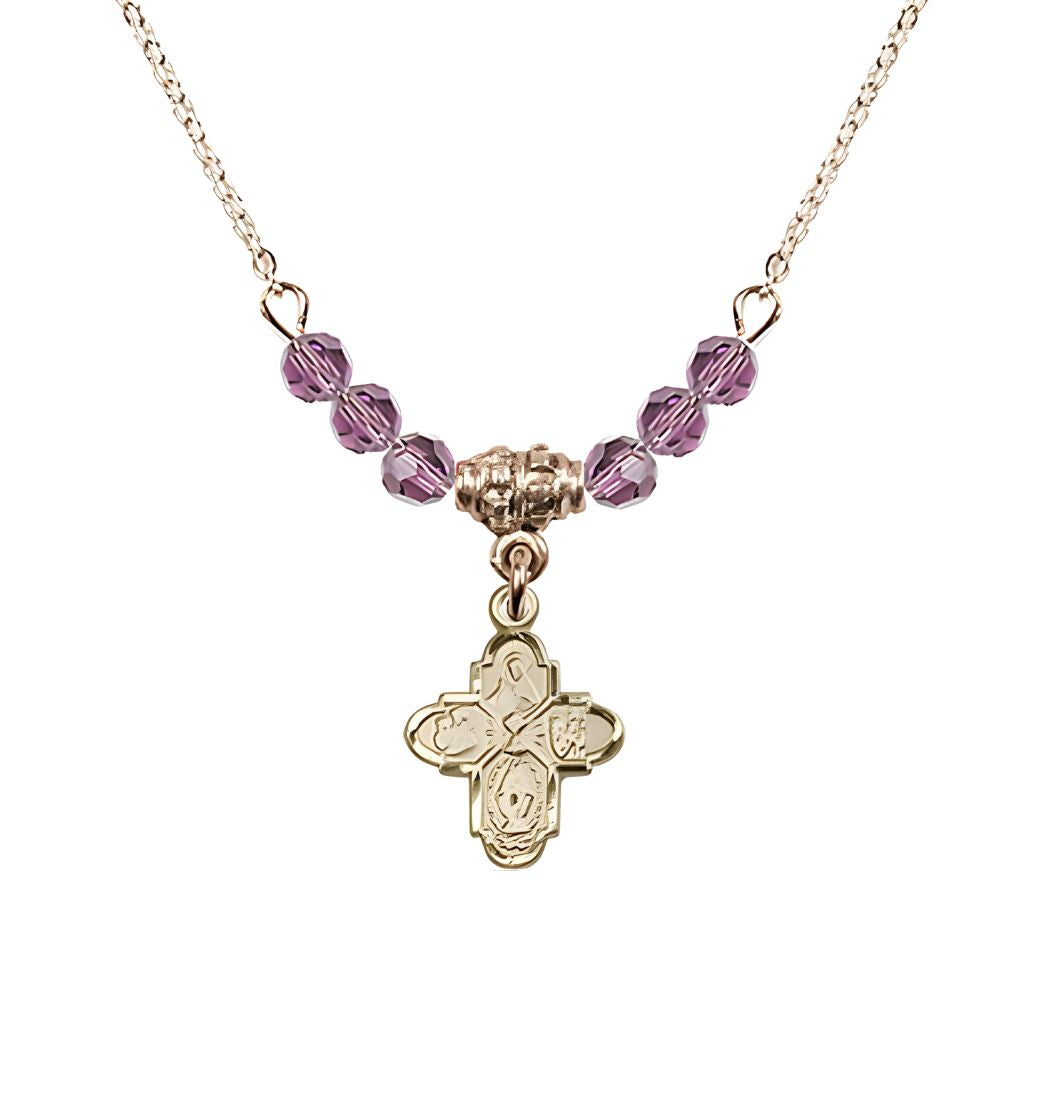 Bliss Gold-plated Chalice 4-Way Cross Light Amethyst Beaded Necklace, Measures 1/2-inch tall by 3/8-inch wide