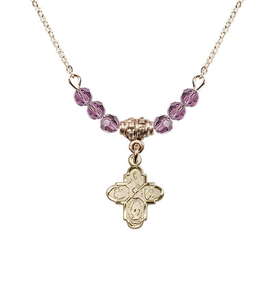 Gold-plated Chalice 4-Way Cross Light Amethyst Beaded Necklace, Measures 1/2-inch tall by 3/8-inch wide, Bliss Manufacturing