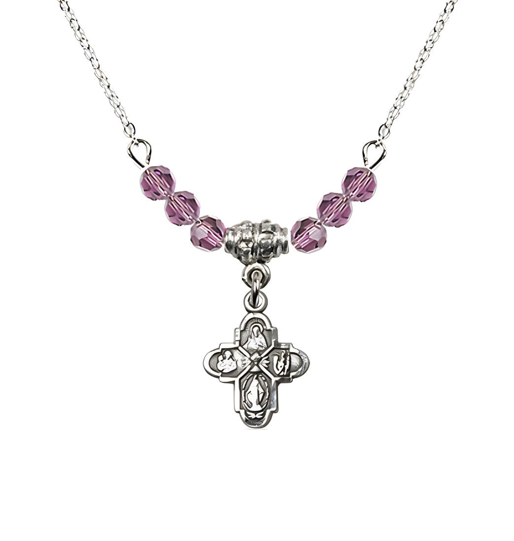 Bliss Pewter Chalice 4-Way Cross Light Amethyst Beaded Necklace, Measures 1/2-inch tall by 3/8-inch wide
