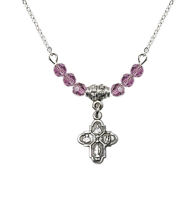 Pewter Chalice 4-Way Cross Light Amethyst Beaded Necklace, Measures 1/2-inch tall by 3/8-inch wide, Bliss Manufacturing