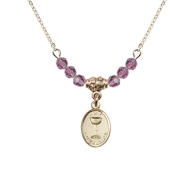 Gold-plated Holy Communion Chalice Light Amethyst Beaded Necklace, Measures 1/2-inch tall by 3/8-inch wide, Bliss Manufacturing