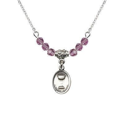 Pewter Holy Communion Chalice Light Amethyst Beaded Necklace, Measures 1/2-inch tall by 3/8-inch wide, Bliss Manufacturing