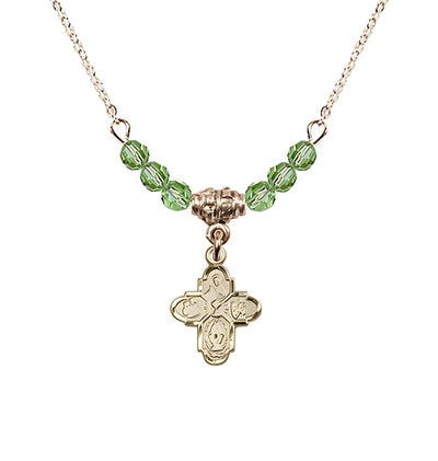 Gold-plated Chalice 4-Way Cross Peridot Beaded Necklace, Measures 1/2-inch tall by 3/8-inch wide, Bliss Manufacturing