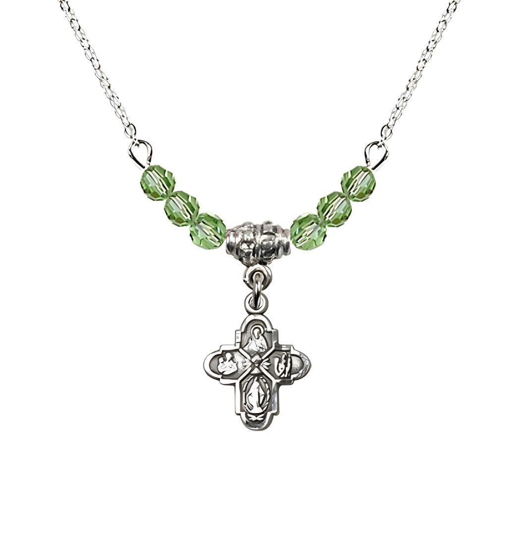 Bliss Pewter Chalice 4-Way Cross Peridot Beaded Necklace, Measures 1/2-inch tall by 3/8-inch wide